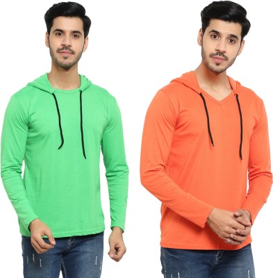 Bribzy Solid Men Hooded Neck Orange, Light Green T-Shirt