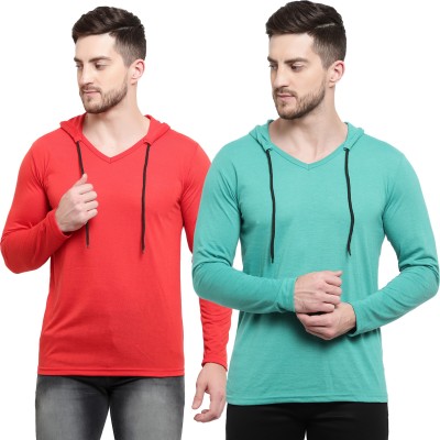 Adorbs Solid Men Hooded Neck Light Blue, Red T-Shirt