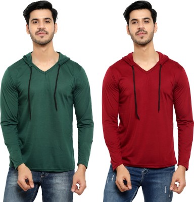 Bribzy Solid Men Hooded Neck Dark Green, Maroon T-Shirt