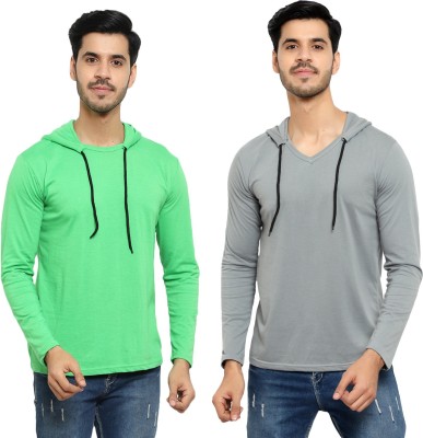 Bribzy Solid Men Hooded Neck Grey, Light Green T-Shirt