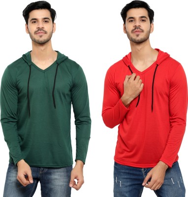 Bribzy Solid Men Hooded Neck Dark Green, Red T-Shirt