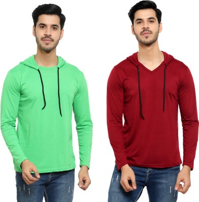 Bribzy Solid Men Hooded Neck Green, Maroon T-Shirt