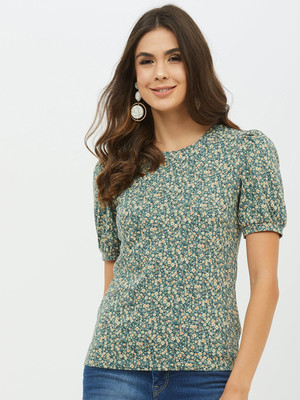 Harpa Basics Printed Women Round Neck Green T-Shirt