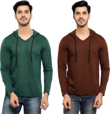 Bribzy Solid Men Hooded Neck Dark Green, Brown T-Shirt