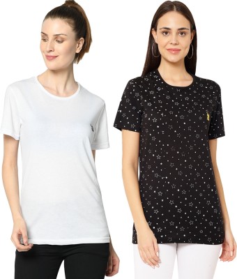 VIMAL JONNEY Printed Women Round Neck White, Black T-Shirt