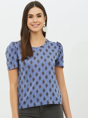 Harpa Basics Printed Women Round Neck Blue T-Shirt