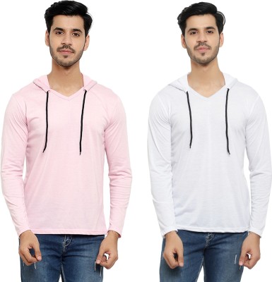 Bribzy Solid Men Hooded Neck White, Pink T-Shirt