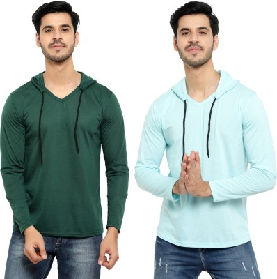 Bribzy Solid Men Hooded Neck Dark Green, Blue T-Shirt