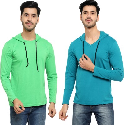 Bribzy Solid Men Hooded Neck Light Blue, Light Green T-Shirt