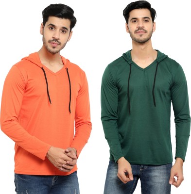 Bribzy Solid Men Hooded Neck Dark Green, Orange T-Shirt