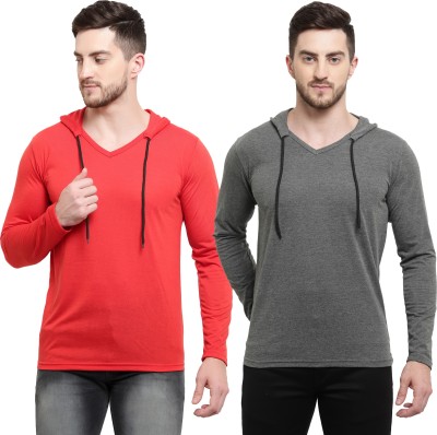 Adorbs Solid Men Hooded Neck Red, Grey T-Shirt