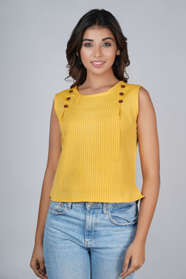 RANGAA NAWAAB Casual Sleeveless Striped, Printed Women Yellow Top