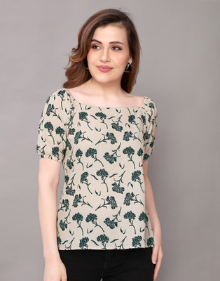 Selvia Casual Short Sleeve Printed Women Beige Top