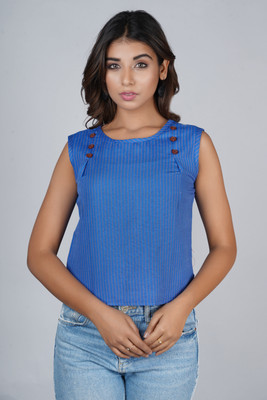 RANGAA NAWAAB Casual Sleeveless Striped, Printed Women Dark Blue Top