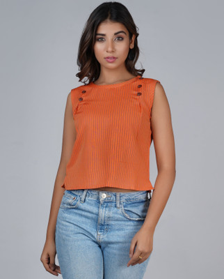 RANGAA NAWAAB Casual Sleeveless Striped, Printed Women Orange Top