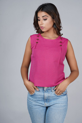 RANGAA NAWAAB Casual Sleeveless Striped, Printed Women Pink Top