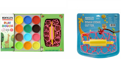 KHYATI Play Dough Set Of 12 Colours Set of 10 Pcs Smart Dough Tools +1 Pc Pressure Roller Kit with Models and Molds (Trees and Animals) Art Clay(490 g) KHYATI Play Dough Set Of 12 Colours Set of 10 Pcs Smart Dough Tools +1 Pc Pressure Roller Kit with Models and Molds (Trees and Animals) Art Clay(490 g)