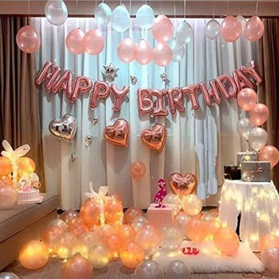 CherishX.com Solid Rose Gold Birthday Decoration Items - 68pc Combo - 13pc Happy Birthday Letters, 4 pc Heart Shape Silver & Rose Gold, 50 pc Silver & Rosegold Metallic Balloons & 1pc LED Fairy Light Balloon(Gold, Pink, Pack of 68)
