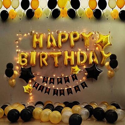 CherishX.com Solid Birthday Decoration Kit with Golden Happy Birthday, Star Foil Balloons, LED Light, Mettalic Black, Silver Balloons - 155 Items Combo - Best for Boy or Husband Birthday at Home or Bedroom Balloon(Gold, Black, Pack of 155)