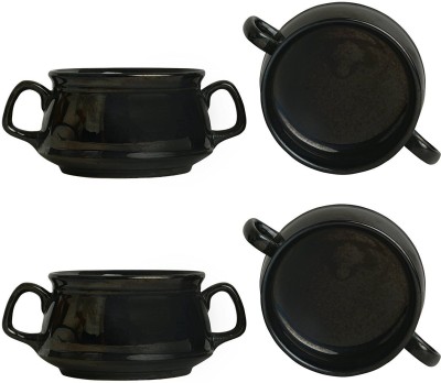 caffeine Ceramic Soup Bowl Handmade Black Metallic Double Handled(Pack of 4, Black)