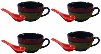 caffeine Ceramic Soup Bowl Handmade Green Chandrakari Single Handled(Pack of 4, Green)