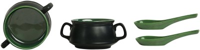 caffeine Ceramic Soup Bowl Handmade Matte Black & Glossy Green Double Handled(Pack of 4, Black, Green)