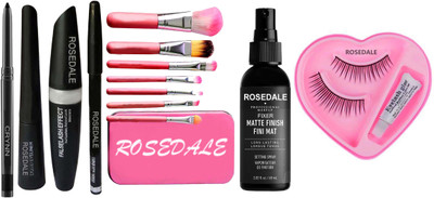 Crynn Smudge Proof Essential Makeup HD7 Beauty Kajal & Set of 7 Makeup Brush & 3in1 Eyeliner , Mascara , Eyebrow Pencil & The Matte Fixer Mist Face Spray & Waterproof False Eyelash & Glue(14 Items in the set)