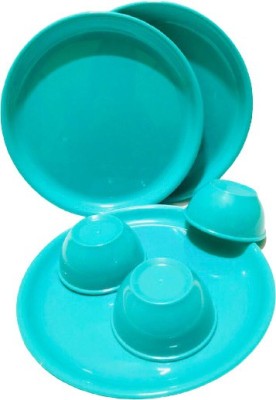 Kanha Pack of 9 Plastic Gloss Finish BPA Free Combo-Set of 3 Dinner Plates & 6 Curry/Dessert Bowls; Made of Food-Grade Virgin Plastic; Break-Resistant, Microwave & Dishwasher-Safe; (Sea Green)Plate Size 11 Inches and Bowl Capacity 250 ml Dinner Set(Green, Microwave Safe)