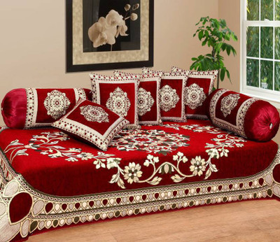 Shivkirpa Velvet Embroidered Diwan Set(Red, Beige)