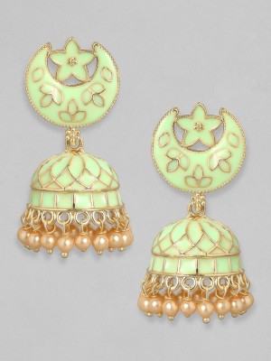 RUBANS Mint Green Enamel 22K Gold Plated Handcrafted Crescent Jhumka Earrings Brass Jhumki Earring