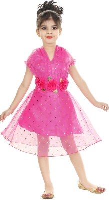 DISPATCHED Girls Midi/Knee Length Party Dress(Pink, Short Sleeve)