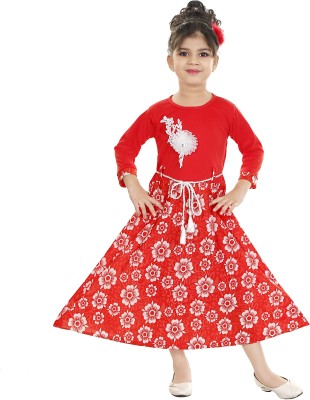 MEHZIN Girls Calf Length Party Dress(Red, Full Sleeve)