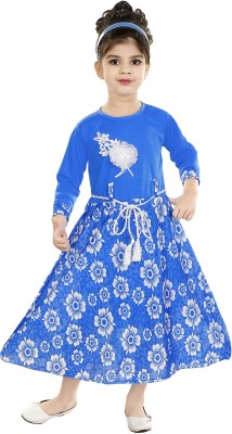 MEHZIN Girls Calf Length Party Dress(Blue, Full Sleeve)