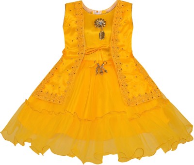 Wishkaro Girls Midi/Knee Length Party Dress(Yellow, Sleeveless)