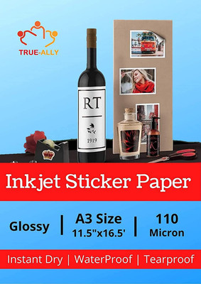 True-Ally A3 Size Glossy Self Adhesive Vinyl Sticker Photo Paper for Inkjet Printer (White) Waterproof, Dries Quickly, Tear Resistant DIY Sticker Printing Art Unruled A3 110 gsm Transparent Paper(Set of 1, White)