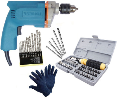 Inditrust High Quality 10mm Drill Machine 350 W with GLOVES 13pc hss 5pc masonry 41socket set (Pack of 5) Power & Hand Tool Kit(61 Tools)