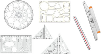 Upyukat Pro Circle (25 Circles), Hyperbola Parabola & Geometry Template (16 shapes), Set Square Big & Small, Roll N Draw Ruler, Triangle Ruler Drafting Scale Ruler -Architect or Other Students (Set of 7) Ruler(Set of 7, White)