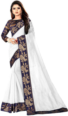 FABMORA Solid/Plain Chanderi Cotton Blend, Cotton Silk Saree(White)