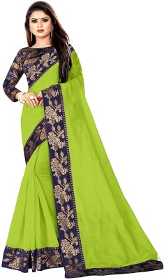 FABMORA Solid/Plain Chanderi Cotton Blend, Cotton Silk Saree(Green)