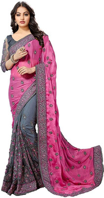 Gymfy Embroidered Bollywood Net Saree(Pink)