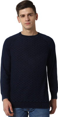 PETER ENGLAND Checkered Round Neck Casual Men Blue Sweater