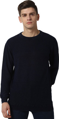 PETER ENGLAND Self Design Crew Neck Casual Men Blue Sweater