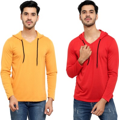 Bribzy Solid Men Hooded Neck Red, Yellow T-Shirt