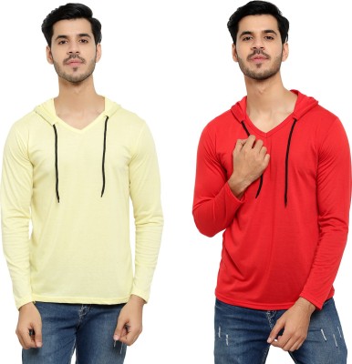 Bribzy Solid Men Hooded Neck Red, Yellow T-Shirt