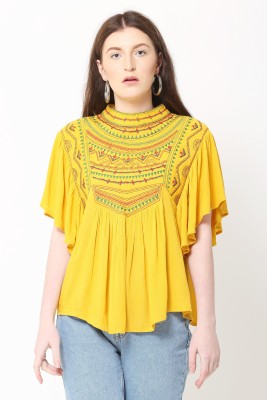J&G FASHION Casual 3/4 Sleeve Embroidered Women Yellow Top
