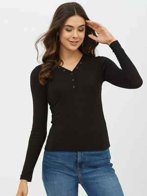 HARPA Casual Full Sleeve Solid Women Black Top