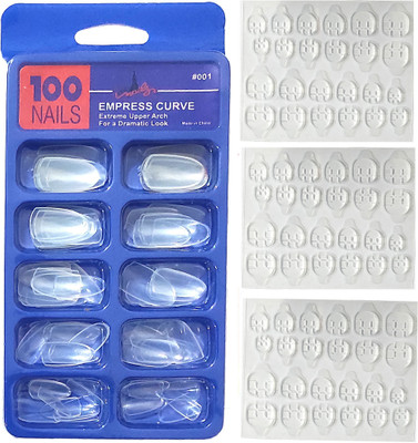 Zinzo Professional Quality Transparent Artificial Clear Dynamic shinning professional Finger Empress Curve 100 Tips Fake Nails with 3 Sheet Double Sided Nails Glue Sticker Clear white Transparent(Pack of 100)
