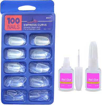 LikeUp Professional Quality Gorgeous 100pcs Reuseable Transparent Artificial Nail Tips Best False Nails with 10ml Strong Nail Glue Transparent Clear(Pack of 100)