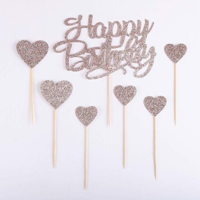 Festiko Happy Birthday With Hearts Cake Topper(Rose Gold Pack of 7)