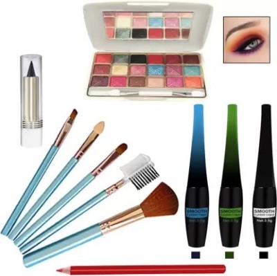 lujo 18 METALLIC EYESHADOW + 5 MAKEUP BRUSH + 1BLACK EYELINER + 1 BLUE EYELINER + 1 GREEN EYELINER + 1 KAJAL + 1 LIPLINER/ EYELINER BRIDAL SERIES CHEAP BEST AND BUDGET MAKEUP KIT 4099 - (PACK OF 11)(11 Items in the set)